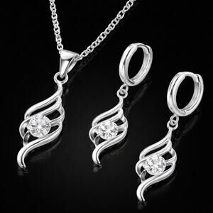 Sterling Silver Plated CZ Swirl Pendant Necklace & Drop Hoop Earrings Set